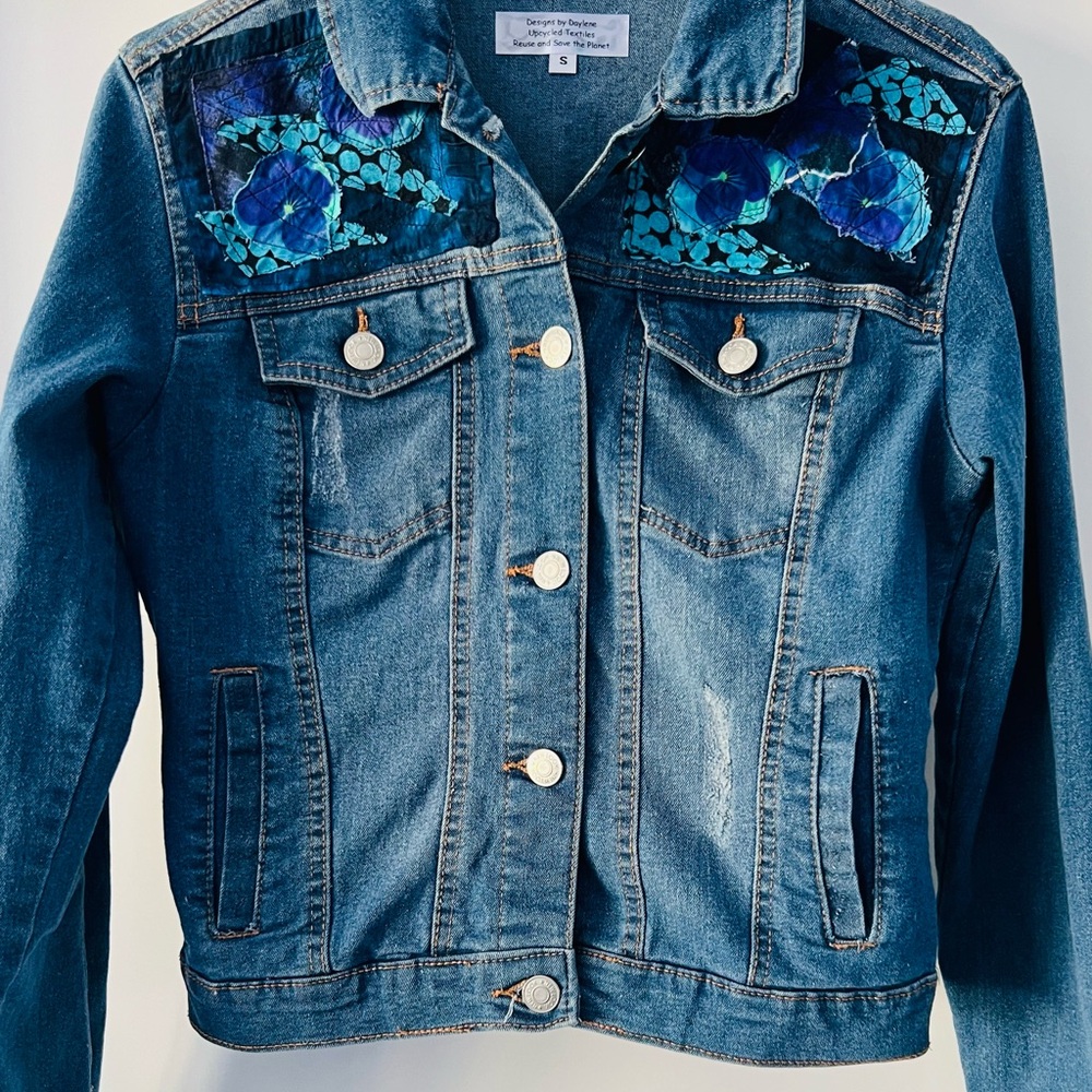 Upcycle Distressed Denim Jacket with Floral Embroidery Designs